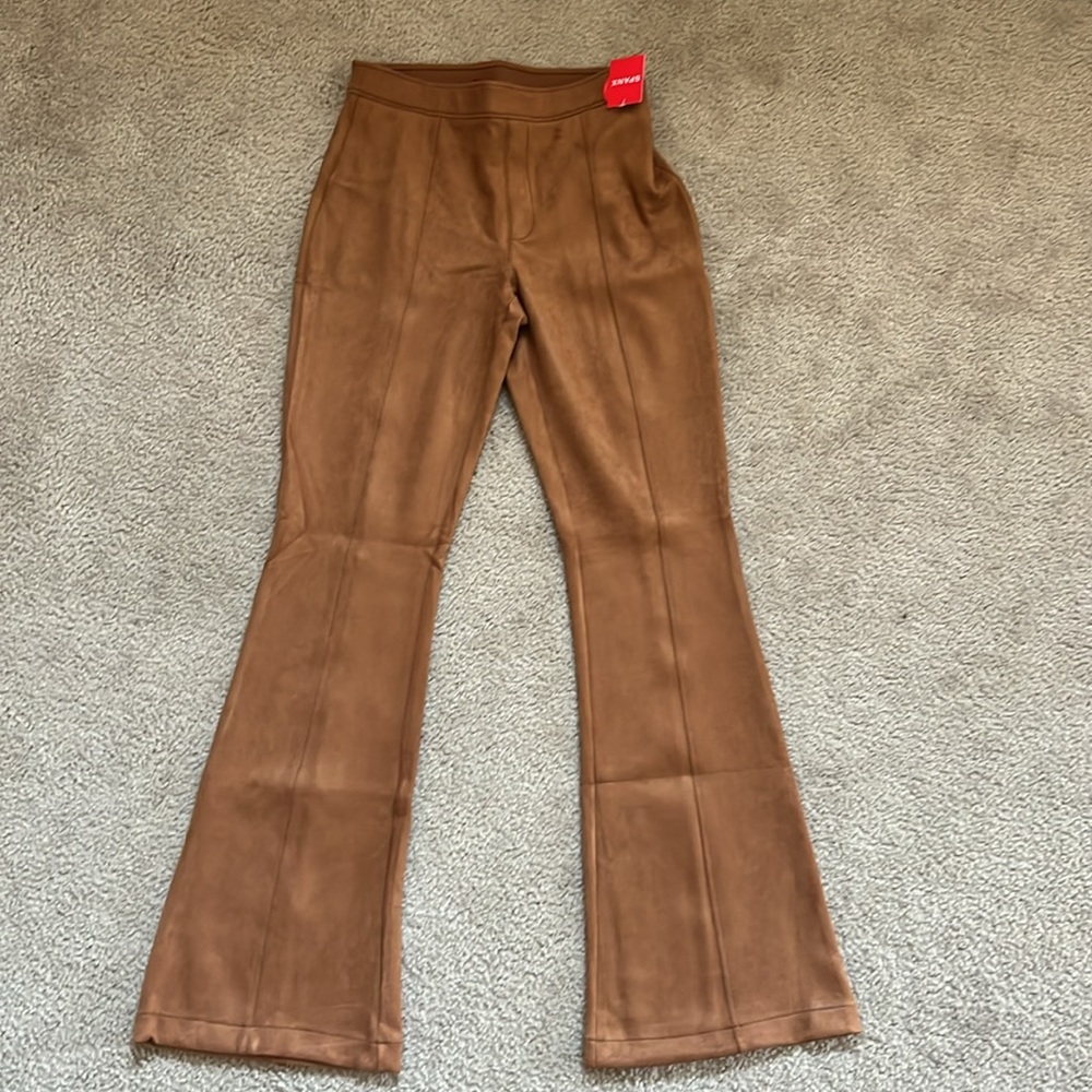 NWT SPANX Womens Large Faux Suede Flare Pants in Rich Caramel